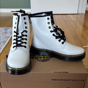 Dr. Martens White Zavala Patent Leather Boots with Black Laces
